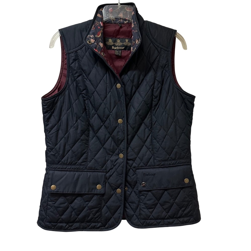 Barbour Saddleworth Gilet Black Quilted Vest Floral Bird Print Lining size 6